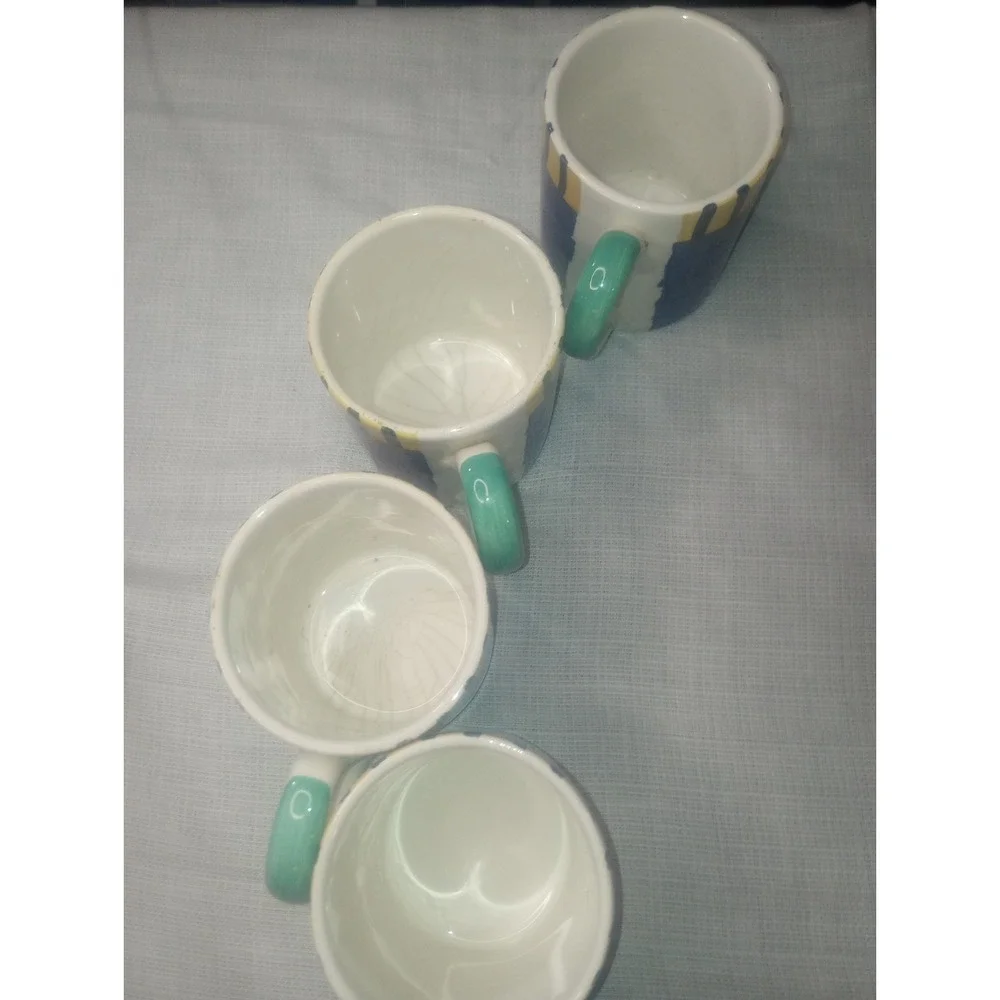 Pier One Italy Hand Painted Coffee Mugs Set of 4 Blue Stripe
